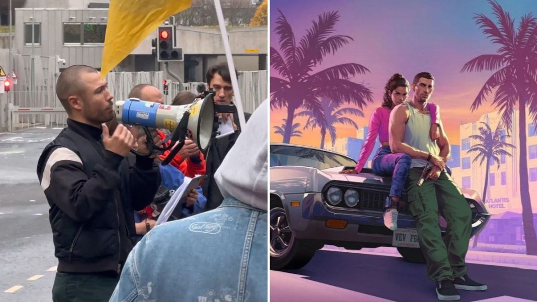 Protests outside the UK offices of Take-Two Interactive and Rockstar North (L) and a representative image of GTA 6 (R) | X, Rockstar Games