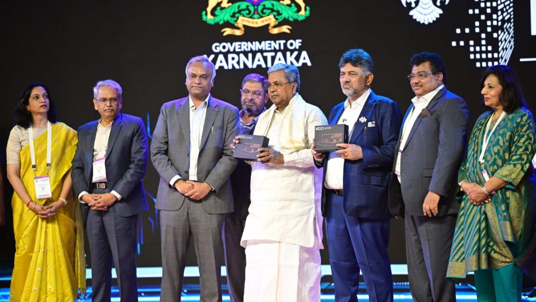 Karnataka CM Siddaramaiah (fifth from left) launches the KEO computer at the Bengaluru Tech Summit 2025 | Bhanu Prakash Chandra