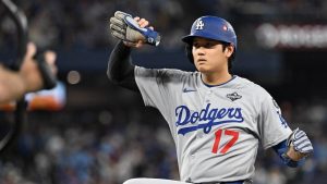 Los Angeles Dodgers designated hitter Shohei Ohtani (17) celebrates after hitting a single against the Toronto Blue Jays in the eighth inning during Game 2 of the 2025 MLB World Series. The game was played at Rogers Centre in Toronto, Canada. (Dan Hamilton/Imagn Images)