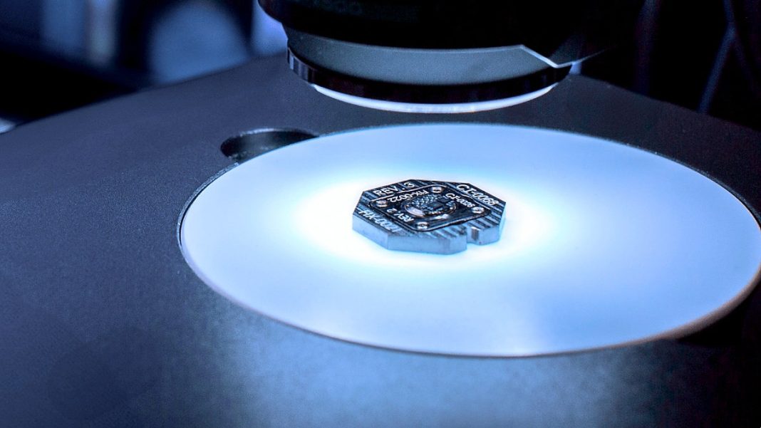 The implant uses hundreds of tiny electrodes to capture detailed signals from the motor cortex where the brain forms sounds and shapes words.