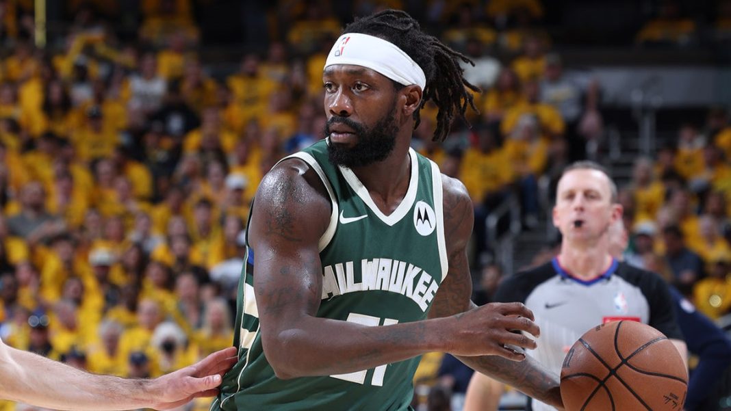 Patrick Beverley of the Milwaukee Bucks dribbles the ball against the Indiana Pacers during Game 6 of the first round of the 2024 NBA Playoffs May 2, 2024, at Gainbridge Fieldhouse in Indianapolis. 