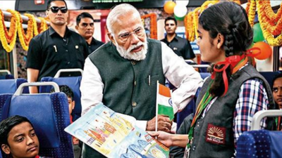 PM Modi flagged off four Vande Bharat Express trains from Varanasi. The new services will link Varanasi-Khajuraho, Firozpur-Delhi, Lucknow-Saharanpur, and Ernakulam-Bengaluru