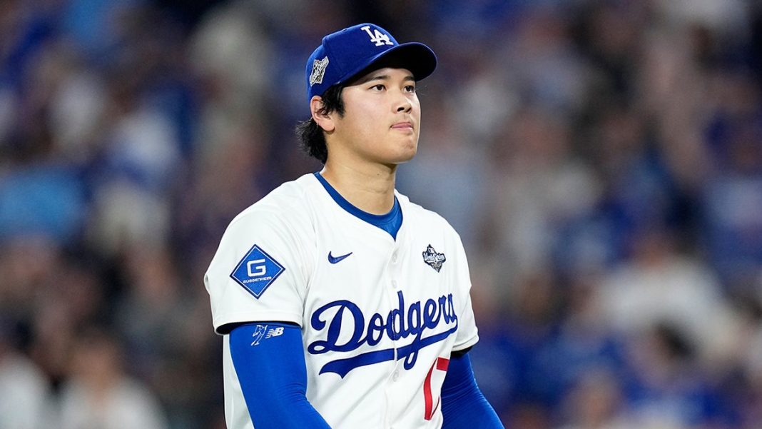 Los Angeles Dodgers pitcher Shohei Ohtani walks to the dugout against the Toronto Blue Jays during the fifth inning in Game 4 of baseball’s World Series. The game was played in Los Angeles, California, on Oct. 28, 2025.