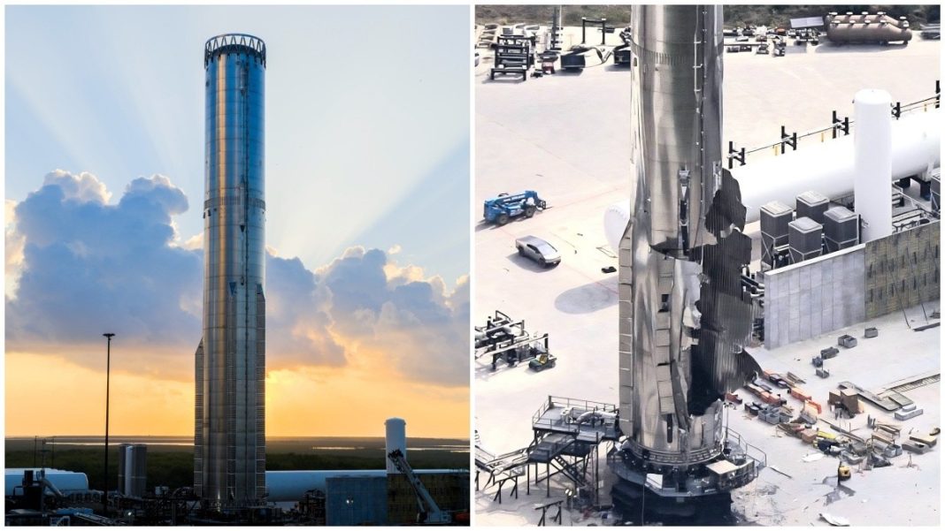 The Super Heavy booster before and after the explosion. (Photo: SpaceX)