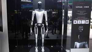 The Tesla Bot humanoid robot of Tesla "Optimus" is displayed at the 2023 World Artificial Intelligence Conference in Shanghai, China, July 6, 2023. (CFOTO/Future Publishing via Getty Images)