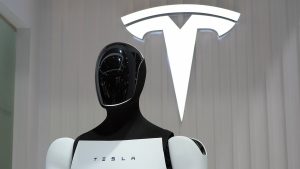 An Optimus humanoid robot showcased at the Tesla booth at the 8th CIIE in Shanghai, China on Nov. 6, 2025. (CFOTO/Future Publishing via Getty Images)