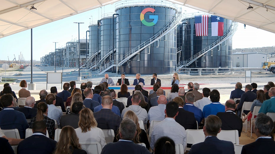 Texas Gov. Greg Abbott and Alphabet and Google CEO Sundar Pichai lead a panel at the Google Midlothian Data Center on November 14, 2025, in Midlothian, Texas. 