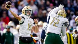 UAB Blazers quarterback Ryder Burton (15) throws a pass against the UConn Huskies in the second quarter at Pratt & Whitney Stadium at Rentschler Field in East Hartford, Connecticut, on Nov. 1, 2025. (David Butler II/Imagn Images)