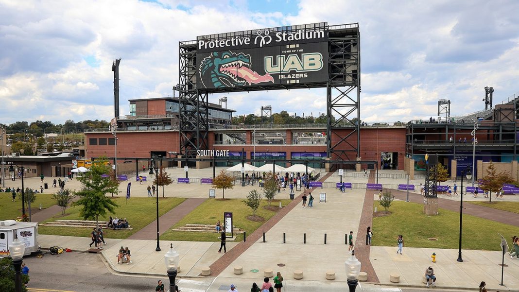 A general view of Protective Stadium before the game between the Memphis Tigers and UAB Blazers in Birmingham, Alabama, on Oct. 18, 2025.