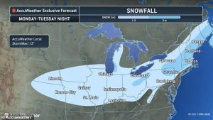 Approximately 20 states could see snow fall from the Midwest to the Northeast Monday night