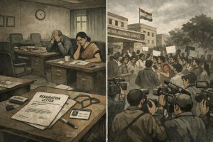 Protests against the regulations have taken multiple forms, ranging from campus demonstrations and street rallies to hunger strike announcements, resignations from institutional bodies, and sustained online mobilisation (AI-generated image)