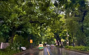 A view of a Delhi street after intense morning rain. (Photo: X/@NayanimaBasu)