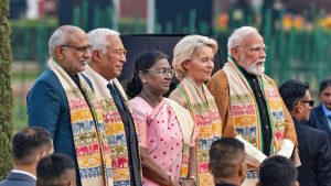 President Droupadi Murmu, Vice President C. P. Radhakrishnan, Prime Minister Narendra Modi, President of the European Commission Ursula von der Leyen and President of the European Council Antonio Costa during the 'At-Home' reception on the occasion of the 77th Republic Day. (Photo: PTI)