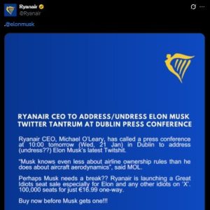 A screenshot of Ryanair's post on X