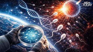 Weightlessness causes fluid shifts and disorientation that significantly hinder natural conception. (Photo: Generative AI/Radifah Kabir/India Today)