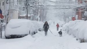 A person walk their dog during the winter storm in New Jersey. (Photo: Reuters)