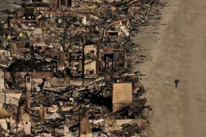A person walks on the beach next to homes damaged by the Palisades Fire in California, US. (Photo: AP)