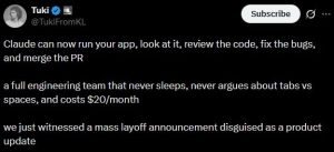A user stating that Claude can now potentially replace a whole engineering team.