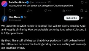 Elon Musk suggests AI coding agents will become very reliable in the future