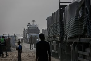 Trucks loaded with humanitarian aid arrive in the Gaza Strip.