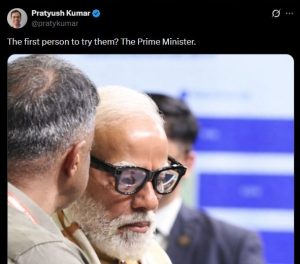 PM Modi tries the Sarvam Kaze smartglasses.