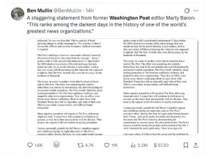 Former Washington Post Editor Marty Baron has shared his view on the latest set of layoffs done at the company.