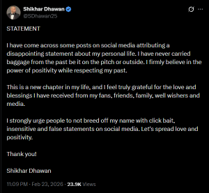 Shikhar Dhawan's X post (Source: @SDhawan25)