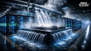 Cooling towers at a tech facility releasing steam into the atmosphere during the evaporation process. (Photo: Generative AI/India Today/Radifah Kabir)