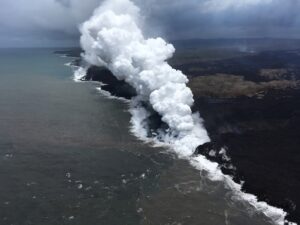 An aerial view looking west, of the two active ocean entries at Kilauea Volcano. (Photo: Reuters)
