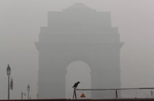 A crow sits on a barricade in front ofÂ IndiaÂ Gate amidst smog in New Delhi. (Photo: Reuters)
