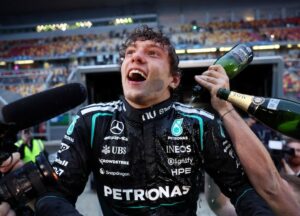 Kimi Antonelli celebrates his maiden F1 race win. Image: Reuters