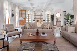 The living room is characterised by bright, airy spaces, traditional craftsmanship, and a bold use of pattern.