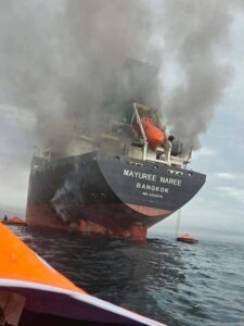 Thai cargo ship, Mayuree Naree, was struck and set ablaze in the Strait of Hormuz on March 11