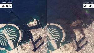 A satellite image of Jebel Ali Port, before and after one of the berths caught fire because of debris from an intercepted missile, in Dubai (Reuters)