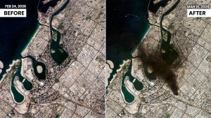 A satellite image of an industrial area covered in smoke in Dubai after the Iran missile strikes. (Reuters)