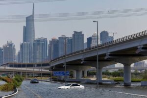 An image of heavily flooded streets of Dubai during the 2024 floods. (Photo: X/@NoelleInMadrid)