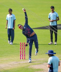 West Indies' Akeal Hosein bowls during their training session in Kolkata. Image: PTI