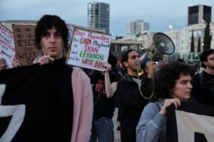 Demonstrators gather during an anti-war protest, calling for an end to the U.S.-Israeli conflict with Iran, at Habima Square, in Tel Aviv, Israel, March 28, 2026. (REUTERS)