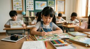 A young student immersed in hands-on learning, focusing on drawing and creativity as traditional pen-and-paper methods take center stage in the classroom. (Photo: AI Generated)