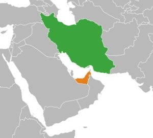 Iran seen in green and Dubai in orange. (Wikimedia Commons)
