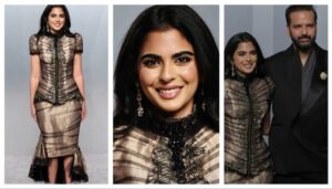 Isha Ambani looked chic in a champagne dress with black gothic detailing. Her husband opted for black overalls. (Picture credit: Instagram/@ambani_update)