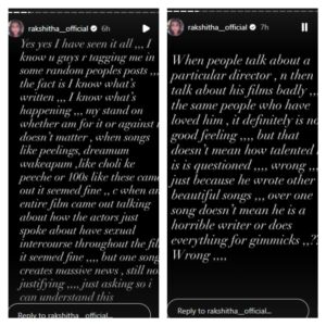 Rakshita comments on the controversy via Instagram Stories.