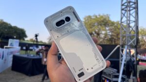 I'm holding the White shade of Nothing Phone (4a). It is also available in Pink, Blue, and Black colour options. (Ijaj Khan - HT)