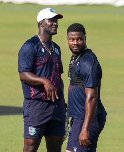 Image: Darren Sammy (L) alongside Romario Shepherd at Eden Gardens, Kolkata. (Image: PTI)
