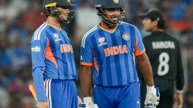 India's Abhishek Sharma (L) and Sanju Samson in action against New Zealand at Narendra Modi Stadium, in Ahmedabad.