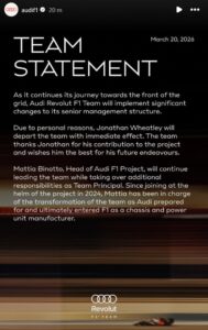 Image: Instagram Story/ Audi F1 team