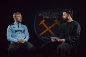 Riyan Parag in conversation with West Ham's Jarrod Bowen. (Image: Premier League)