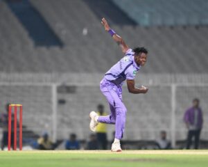 Blessing Muzarabani in action during KKR's training session in Kolkata.
