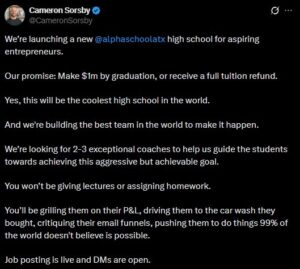 A screenshot of Cameron Sorsby's post on X.