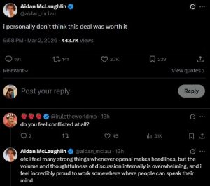 Aiden McLaughlin expresses his opinion on OpenAI's Pentagon deal on X.